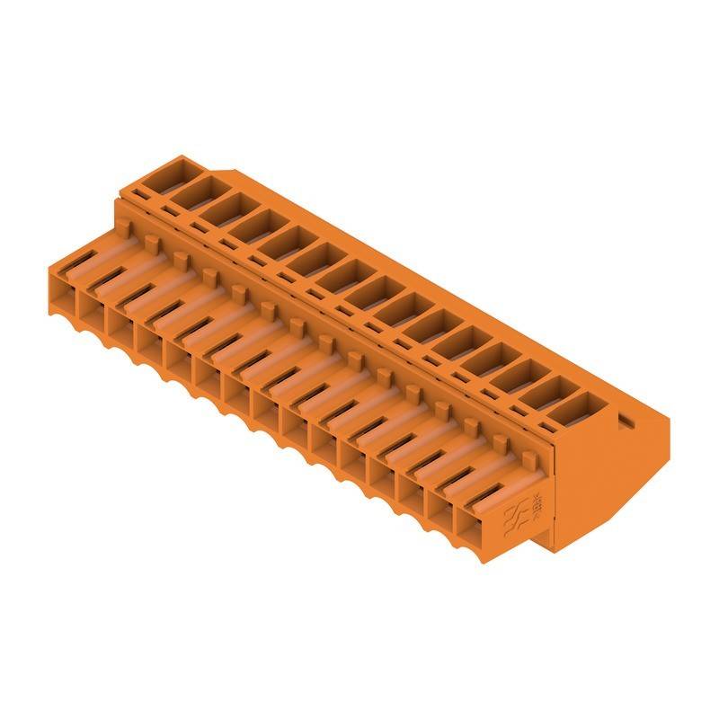 Orangefarbener elektrischer Verbinder mit mehreren Schlitzen zur Drahteinführung, der zur Herstellung sicherer elektrischer Verbindungen in Schaltkreisen verwendet wird.