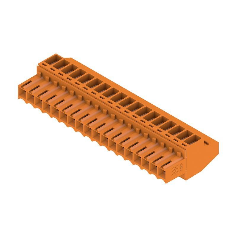 Ein orangefarbener Kunststoff-Klemmenblock mit mehreren Anschlusspunkten, die in einer Reihe angeordnet sind, der für elektrische Verdrahtungsanwendungen verwendet wird.