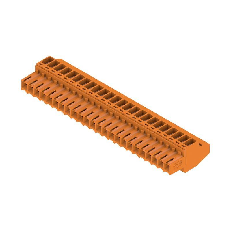 Ein orangefarbener Terminalblock mit mehreren Anschlusspunkten, der für elektrische Verdrahtung in verschiedenen Anwendungen verwendet wird.