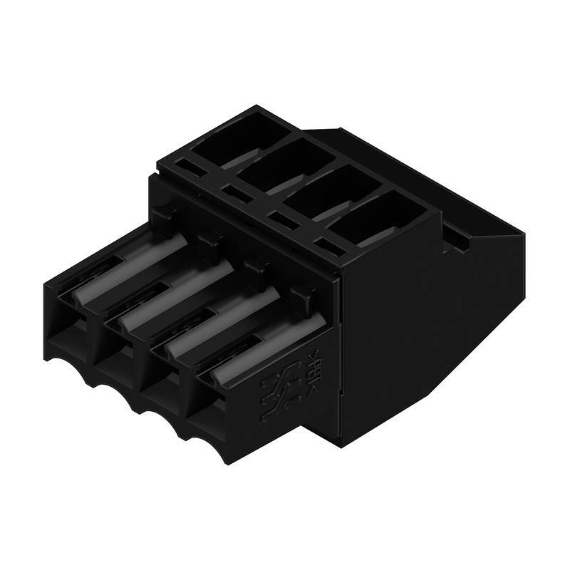 Ein schwarzer, abgewinkelter 3-polig Elektrostecker mit drei Drahteinführungspunkten, ausgestattet mit beschrifteten Anschlüssen und Aussparungen für sichere Verbindungen.