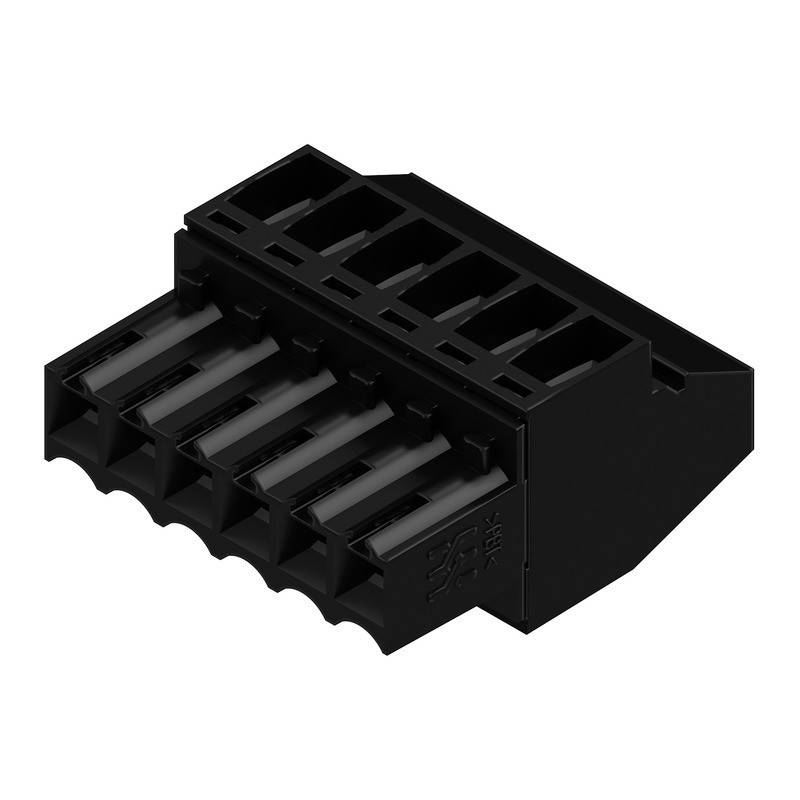 Schwarzer 6-poliger Elektroverbinder, Schrägansicht, zeigt Steckplätze für Komponenten. Konzipiert für elektrische und elektronische Anwendungen.