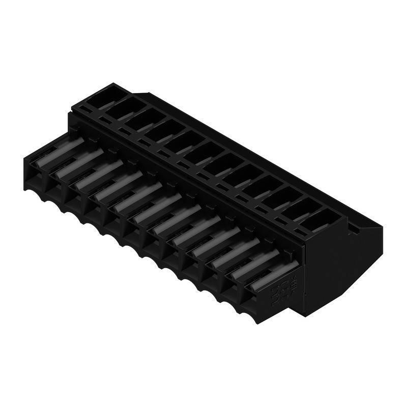 Ein schwarzer, abgewinkelter, mehrstufiger elektronischer Anschluss mit rechteckiger Form, der zum Anbringen an Leiterplatten verwendet wird.