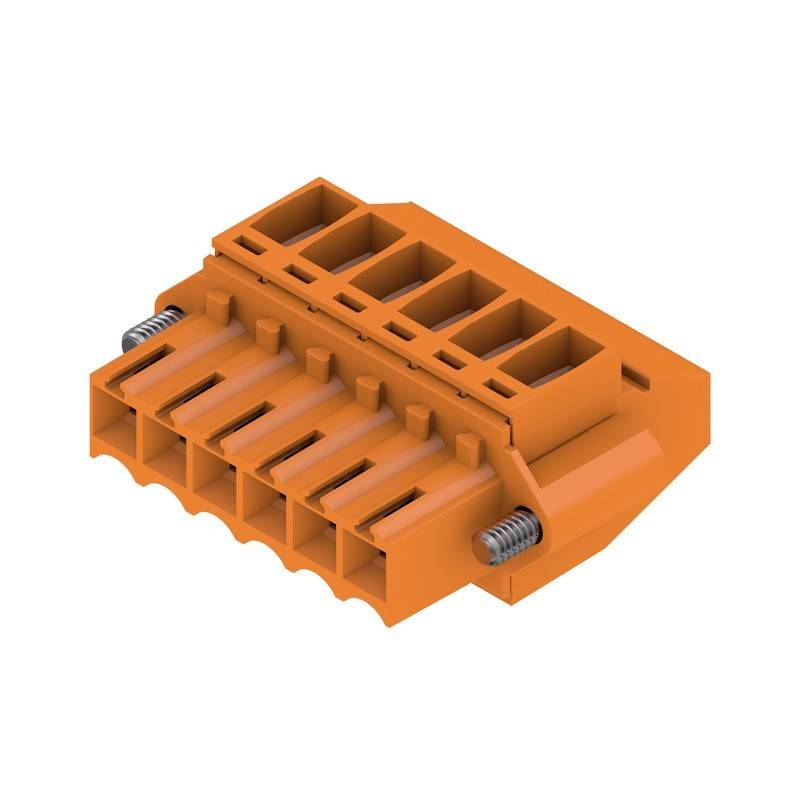 Ein orangefarbener elektrischer Klemmenblock mit mehreren Anschlusspunkten und Federmechanismen für sichere Kabelverbindungen.