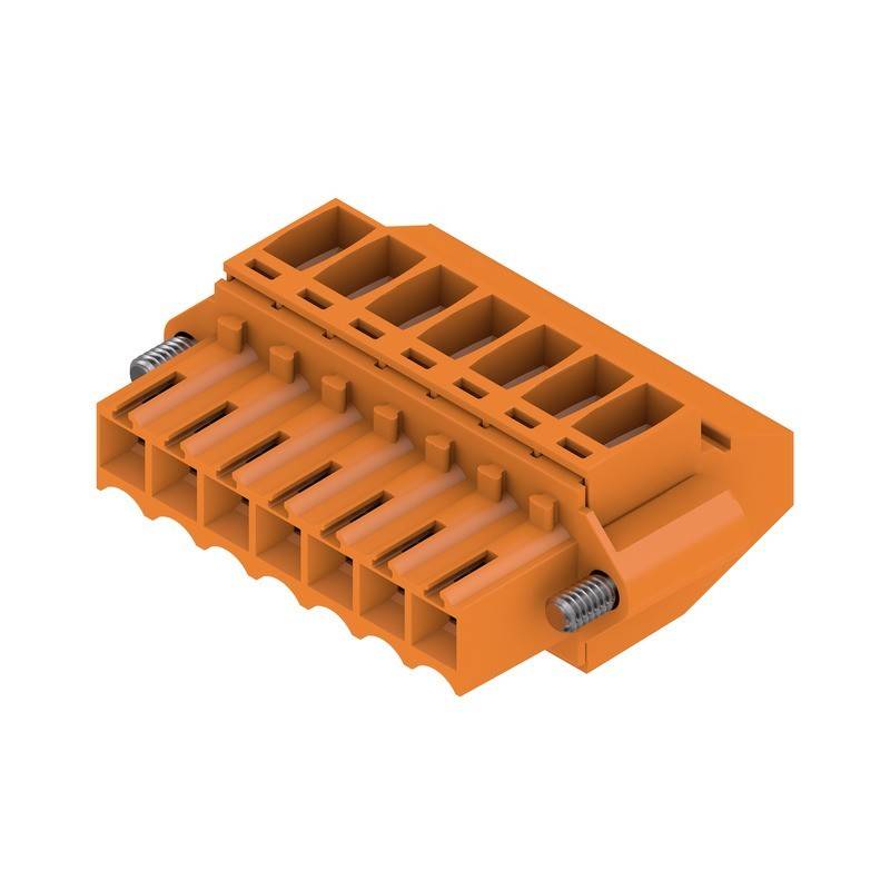 Ein orangefarbener Anschlussblock mit mehreren Anschlüssen für elektrische Verbindungen, ausgestattet mit zwei metallischen Federn an beiden Seiten für eine sichere Befestigung.