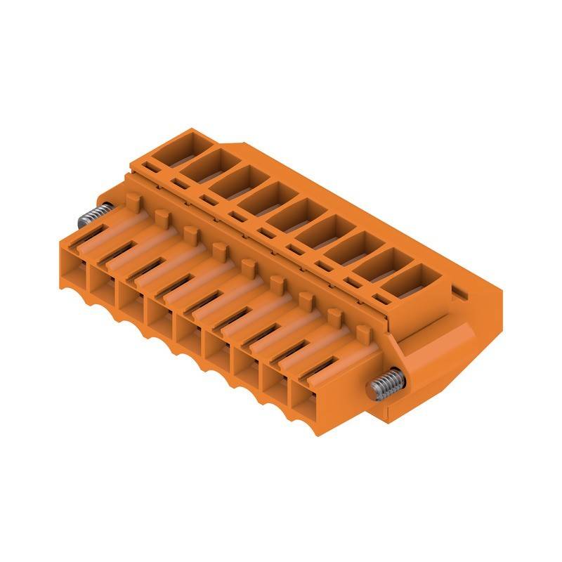 Ein orangefarbener elektrischer Verbinder mit mehreren Schlitzen, der zwei Metallschrauben an den Seiten zum Befestigen von Drähten aufweist.