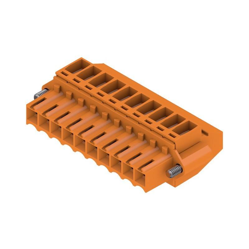 Ein orangefarbener elektrischer Anschluss mit mehreren Schlitzen und zwei sichtbaren Federn, der üblicherweise für sichere Kabelverbindungen in elektronischen Geräten verwendet wird.