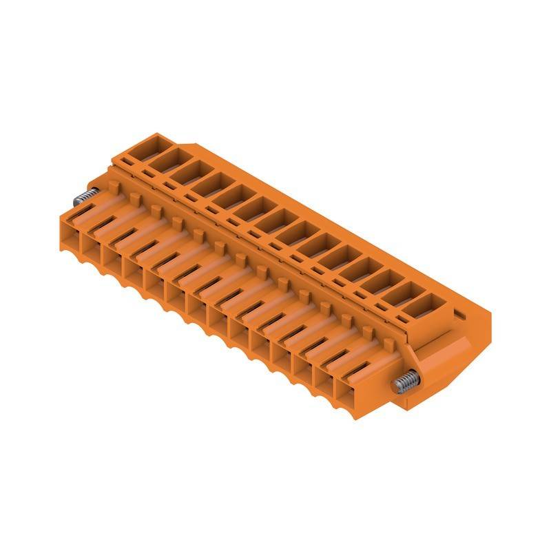Orangefarbener elektrischer Anschlussblock mit mehreren Schlitzen für Drahtverbindungen, ausgestattet mit zwei Schraubklemmen an den Enden zum Sichern der Drähte.