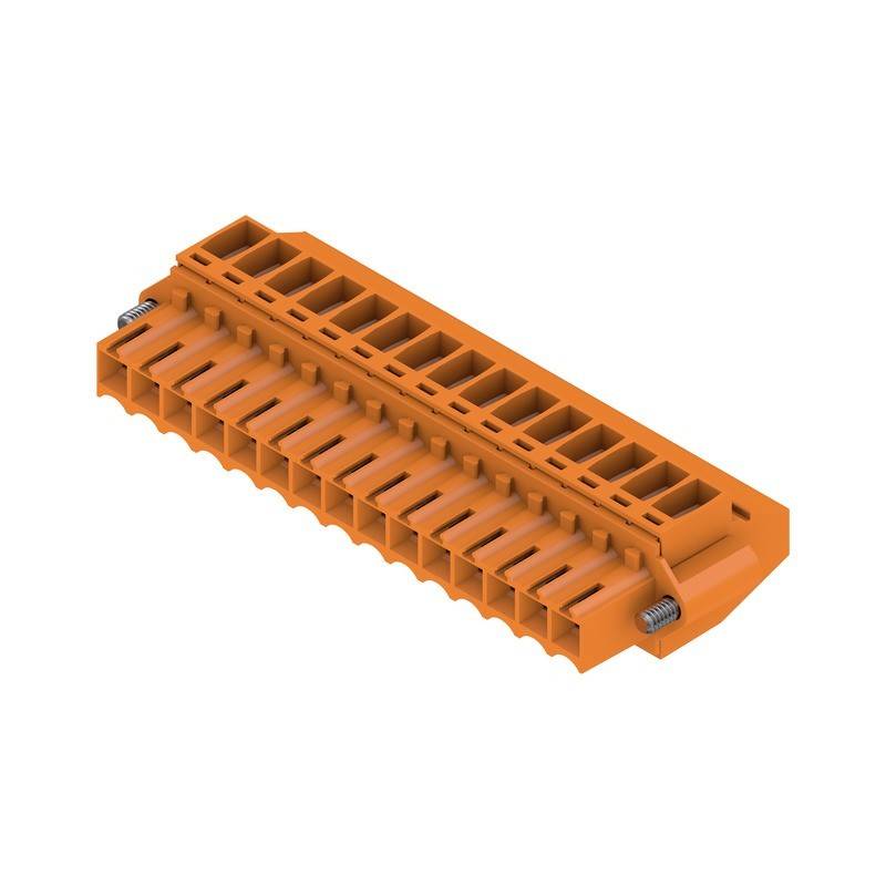 Orangefarbener elektrischer Klemmenblock mit mehreren Anschlusspunkten, Schrägsicht; verwendet für industrielle Verkabelung zum Anschluss und zur Sicherung von Kabeln.