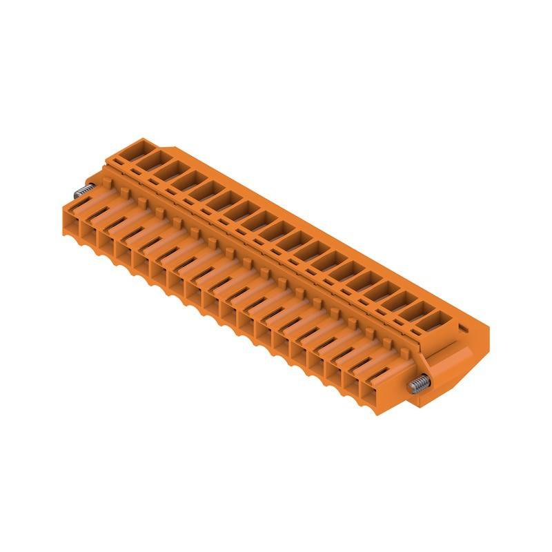 Orangefarbene elektrische Klemmenleiste mit mehreren Anschlussports für Drahtmontage, bei der metallische Kontaktpunkte an den Seiten zu sehen sind.