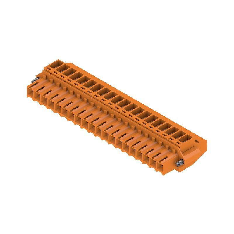Ein orangefarbener, rechteckiger Kunststoff-Elektronikverbinder mit mehreren Anschlüssen für Stiftkontakte, aus einem Blickwinkel betrachtet, sodass nicht alle Anschlüsse sichtbar sind.