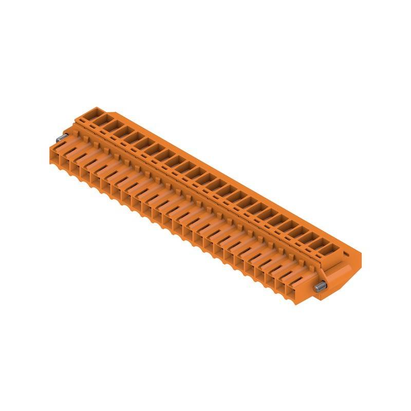 Ein orangefarbener elektronischer Steckverbinder mit mehreren parallelen Schlitzen, wahrscheinlich für Leiterplatten oder Verkabelungszwecke verwendet.