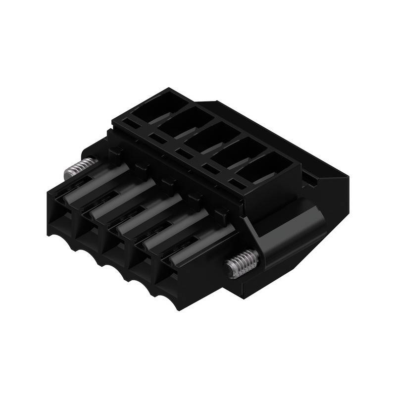 Ein schwarzer 6-poliger Stromstecker, der in der Computerhardware zum Anschluss von Strom an Komponenten wie Grafikkarten verwendet wird, der seine Struktur und Design zeigt.