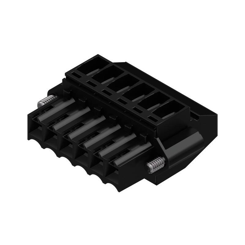 Ein schwarzer 8-poliger Stromstecker für Computerhardware mit vier Paaren von Schlitzen und Metallkontakten, der üblicherweise bei Netzteilverbindungen verwendet wird.