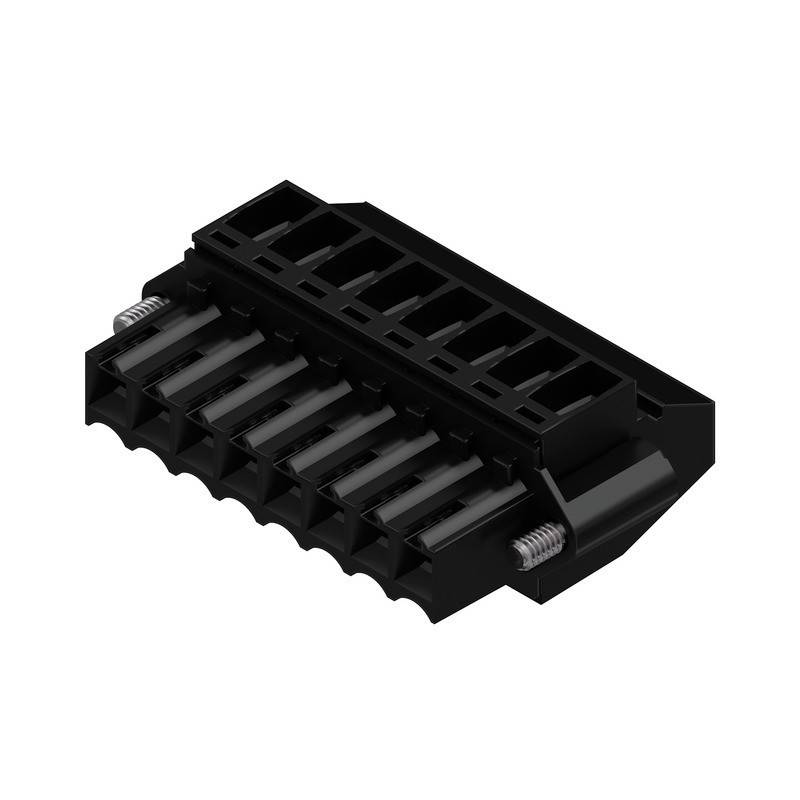 Ein schwarzer, rechteckiger elektronischer Steckverbinder mit mehreren Schlitzen und zwei sichtbaren Schrauben an den Seiten.
