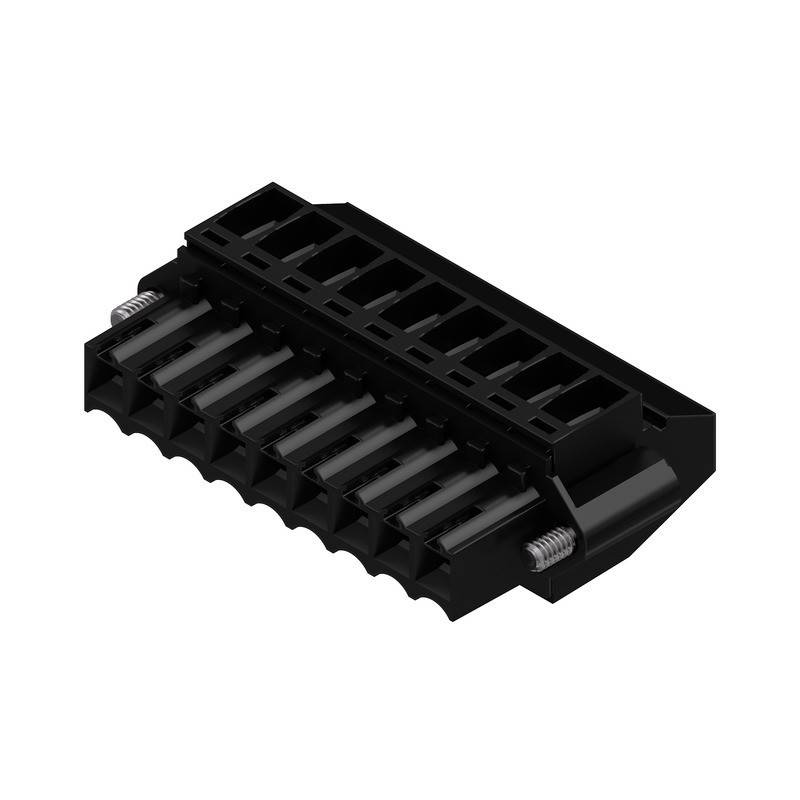 Ein schwarzer, rechteckiger elektronischer Steckverbinder mit mehreren parallelen Schlitzen, der wahrscheinlich für Computer- oder elektronische Hardwareanwendungen verwendet wird.