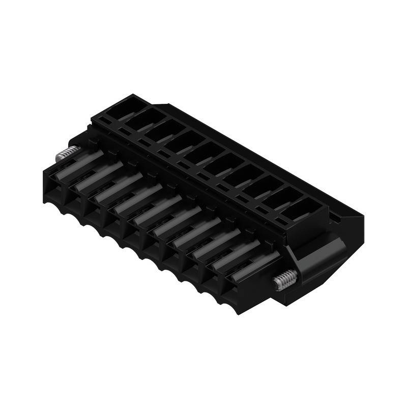 Ein schwarzer elektrischer Steckverbinder mit mehreren Schlitzen und Metallkontakten, der zur Verbindung von Drähten in elektronischen Geräten verwendet wird.