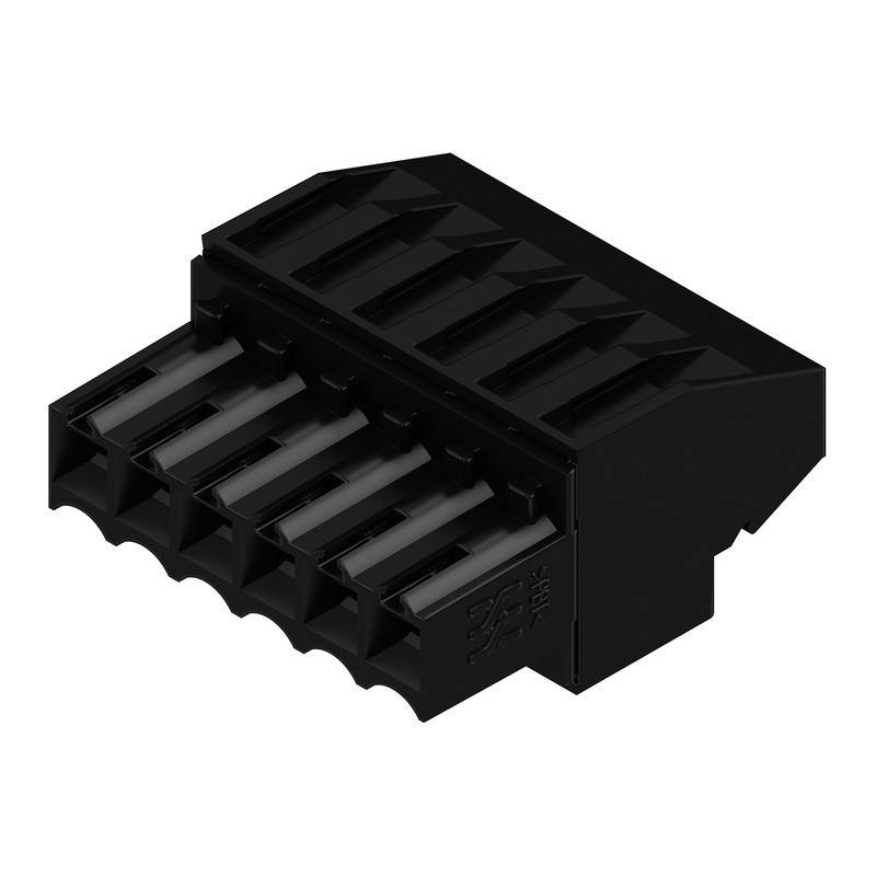 Ein schwarzer, abgewinkelter 6-poliger Stecker, der für elektronische oder Computerkomponenten verwendet wird und Schlitze zur Kabeleinfügung aufweist.