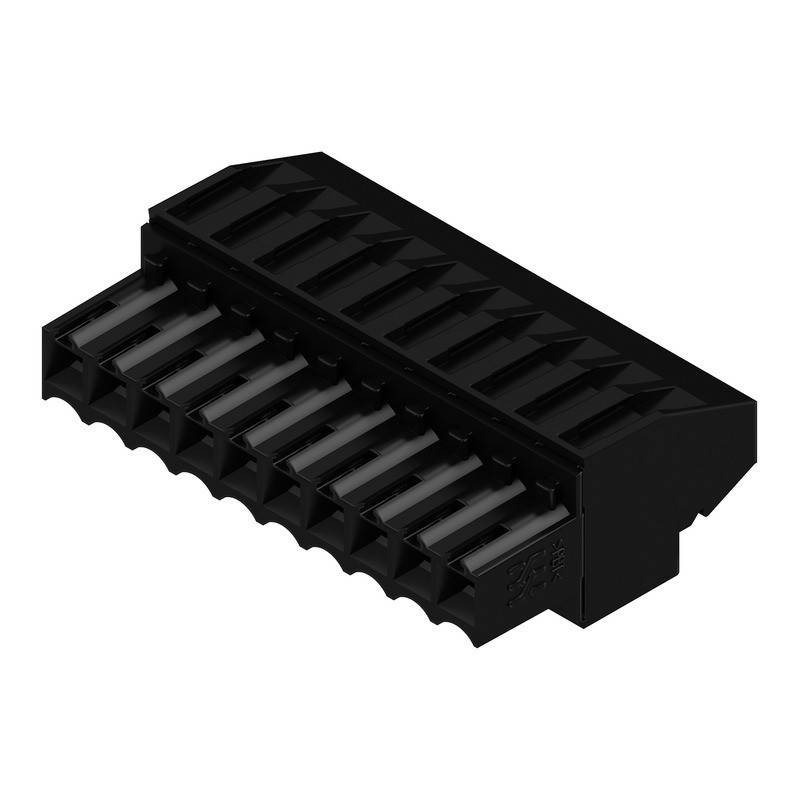 Ein schwarzer Steckverbinder mit mehreren Pinöffnungen, der für elektronische Geräte verwendet wird. Das Design gewährleistet eine sichere Befestigung für eine zuverlässige Verbindung.