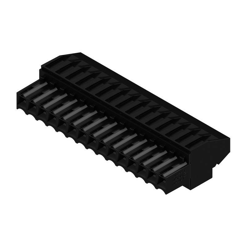 Eine schwarze, rechteckige elektronische Komponente, die einem Anschluss oder Sockel mit mehreren parallelen Schlitzen ähnelt.