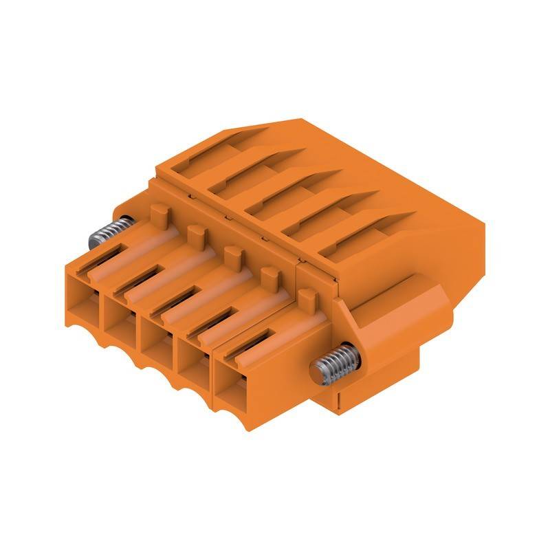 Ein orangefarbener, mehrschlitziger elektrischer Anschluss mit Metallklammern, der zum Befestigen von Drähten in elektronischen oder elektrischen Installationen verwendet wird.