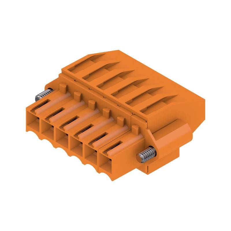Orangefarbener elektrischer Verbinder mit mehreren Anschlüssen und Klemmen, der zum Befestigen von Drähten in elektronischen Geräten oder Baugruppen verwendet wird.