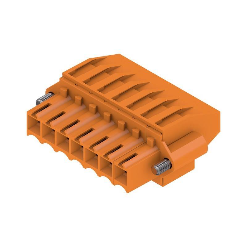 Ein orangefarbener elektrischer Steckverbinder mit acht Steckplätzen und Federkontakten, entwickelt für den Einsatz in elektronischen Geräten zur Herstellung sicherer Verbindungen.