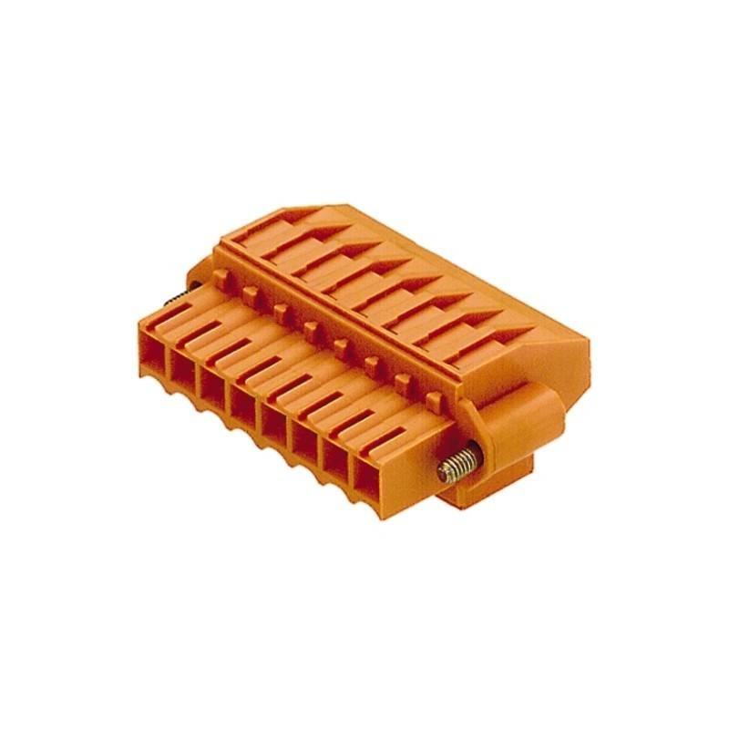 Orange elektrischer Anschluss mit mehreren Schlitzen und einer kleinen Schraube, typischerweise verwendet zum Befestigen von Kabeln in elektronischen Baugruppen.