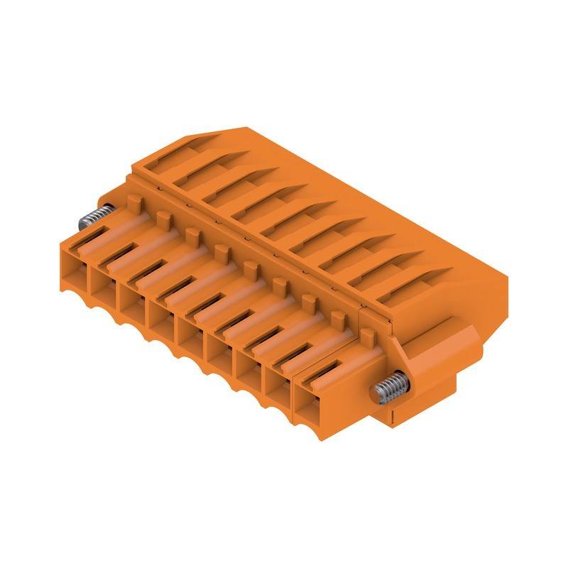 Ein orangefarbener elektrischer Steckverbinder mit mehreren Schlitzen für Kabel, Schrägansicht, die Stiftausrichtung und Befestigungsschrauben zeigt.