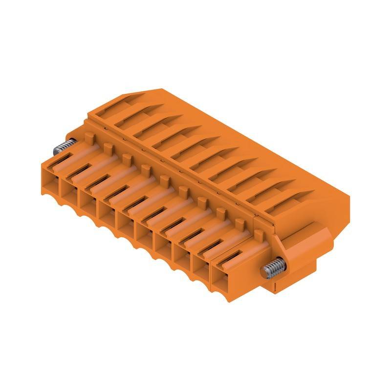 Ein orangefarbener elektrischer Anschluss mit mehreren Steckplätzen und seitlichen Federn, der für sichere Verdrahtung und Verbindungen in elektronischen Geräten verwendet wird.