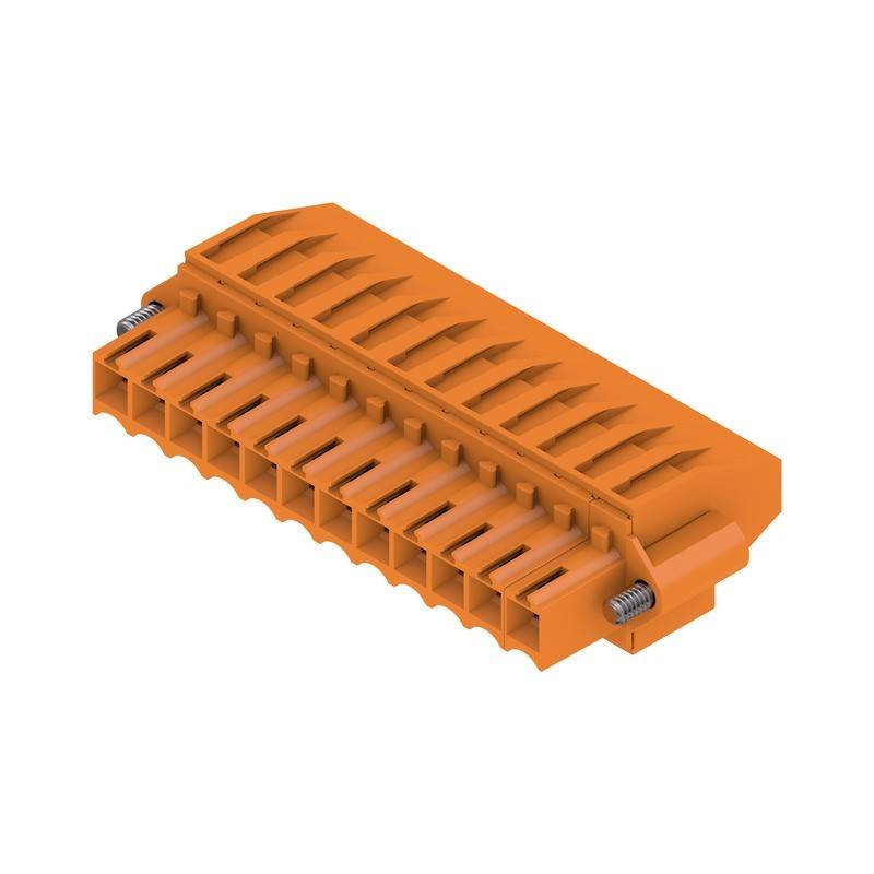 Orangefarbener 18-poliger elektrischer Steckverbinder mit Klemmdesign, verwendet für Schaltungsverbindungen. Verfügt über eine rechteckige Form mit sichtbaren Federn.