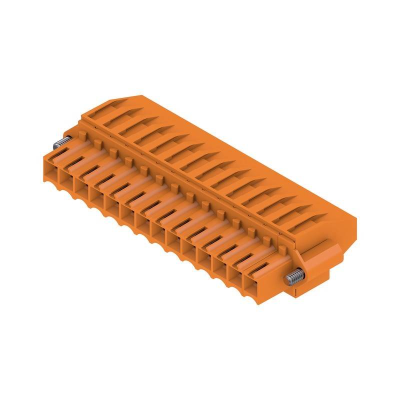 „Ein orangefarbener elektrischer Steckverbinder mit mehreren Anschlüssen und Verriegelungsmechanismus, wahrscheinlich für komplexe Verdrahtungssysteme oder Geräte verwendet.