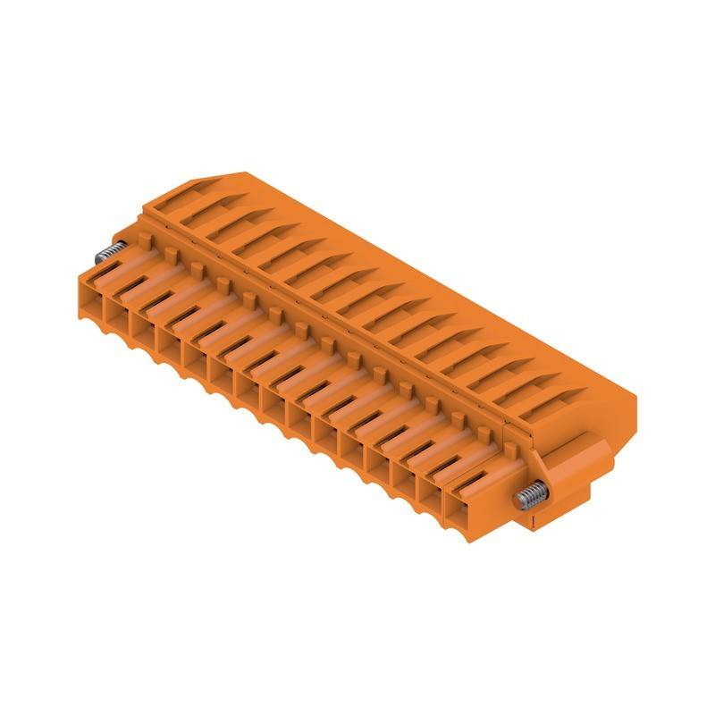 Orangefarbener elektrischer Terminalblock mit mehreren vertikalen Schlitzen und zwei Schrauben zur Drahtverbindung.