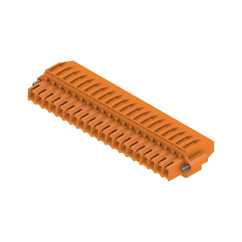 Ein orangefarbener Steckverbinder mit mehreren Pins, der für elektronische Anwendungen entwickelt wurde und sich durch ein robustes Kunststoffgehäuse und ein kompaktes Design auszeichnet.