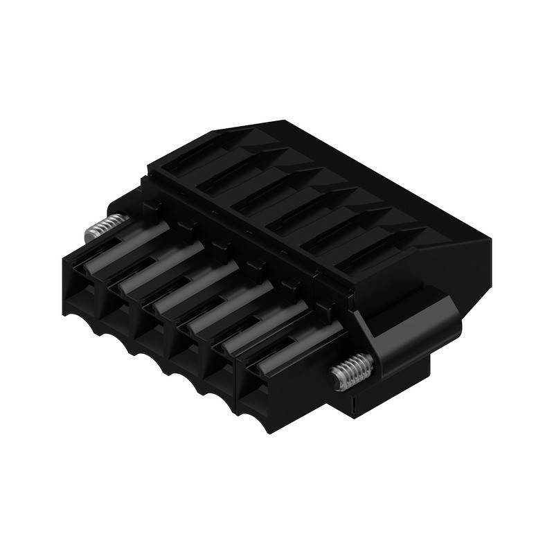 Ein schwarzer, mehrpoliger elektrischer Steckverbinder mit sechs Anschlüssen und metallischen Kontakten, der für sichere elektrische Verbindungen in Geräten konzipiert ist.