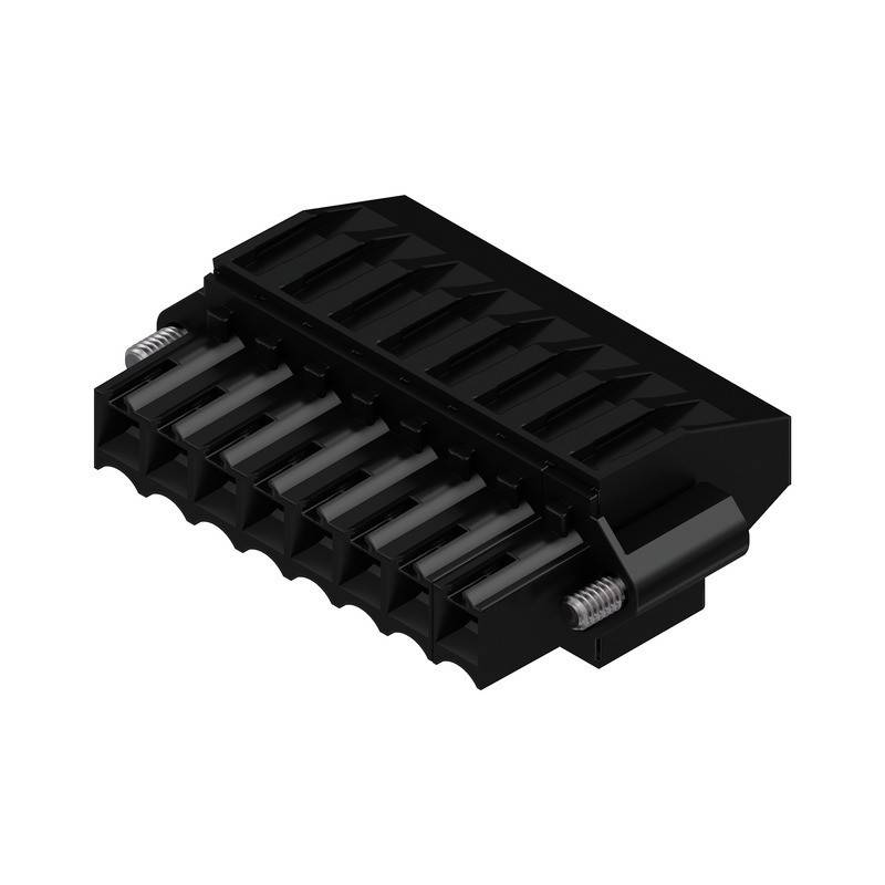 Ein schwarzes elektronisches Anschlussmodul mit Federmechanismen, das für sichere Kabelverbindungen in elektronischen Geräten verwendet wird.