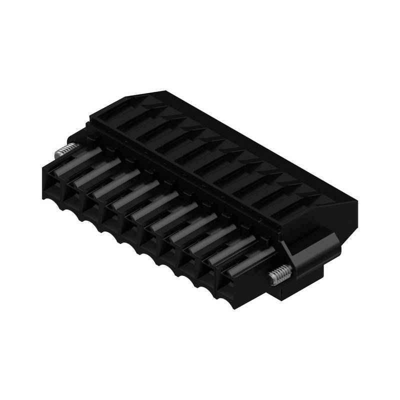 Ein schwarzer elektronischer Stecker mit mehreren Kontakten, der typischerweise zur Integration in eine Leiterplatte verwendet wird.
