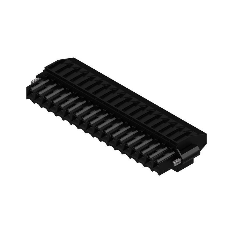 Ein schwarzer elektronischer Steckverbinder mit mehreren Pins in einer Reihe, der zum Verbinden von Komponenten in elektronischen Geräten verwendet wird.