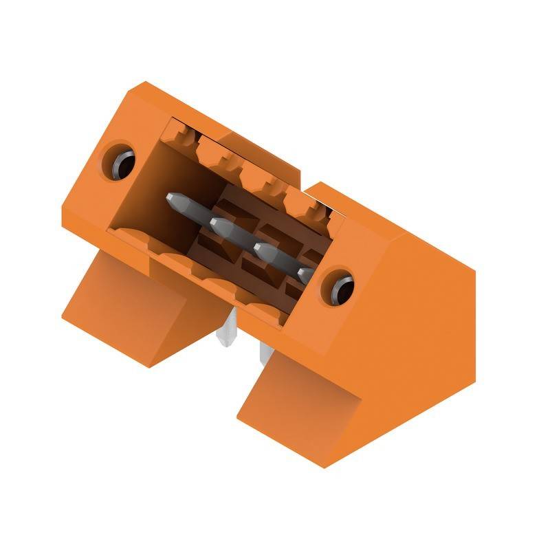 Ein orangefarbener 2-poliger elektrischer Steckverbinder mit Schraublöchern und Metallkontakten im Inneren, der zum Sichern von elektrischen Leitungen verwendet wird.