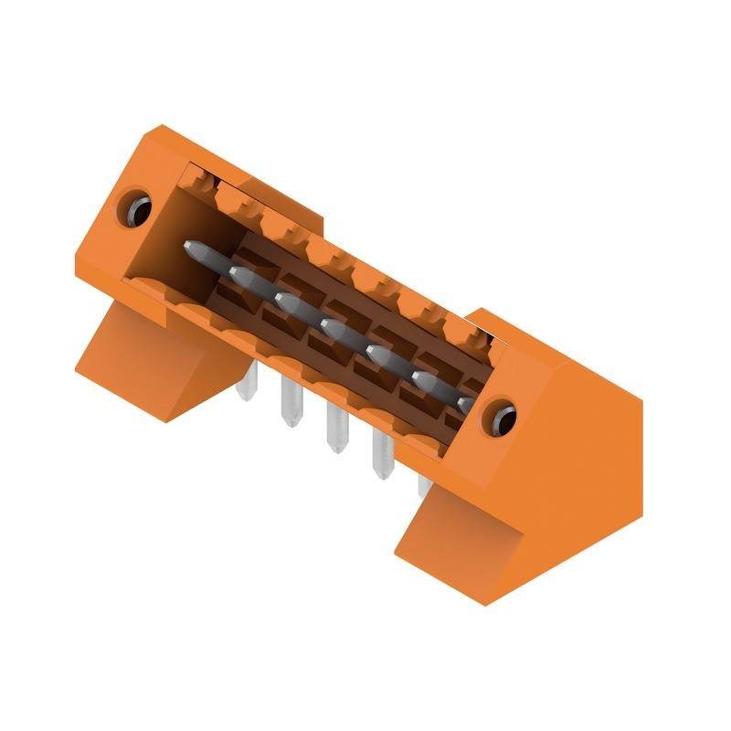 Orangefarbener Anschlussblock mit mehreren silbernen Pins, verwendet für elektronische Schaltungsverbindungen, aus einer gewinkelten Perspektive betrachtet.