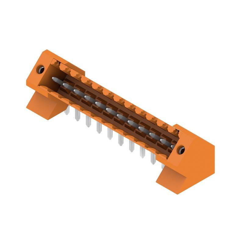 Orange elektrischer Steckverbinder mit mehreren Pins, entwickelt für sichere elektrische Verbindungen in elektronischen Schaltkreisen, aus einem Winkel betrachtet.