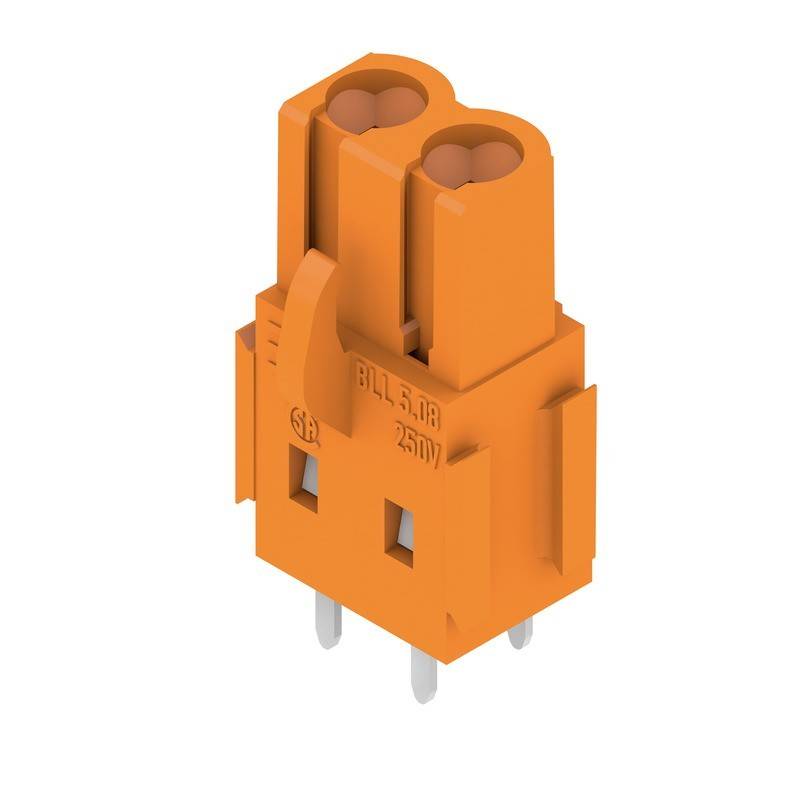 Orangefarbener elektrischer Verbinder mit zwei kreisförmigen Eingangssteckplätzen, beschriftet mit BLL 5.08 25V, mit zwei Anschlussvorsprüngen zur Leiterplattenmontage.