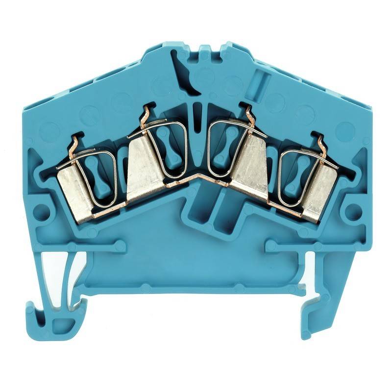 Ein blauer Kunststoff-Elektro-Klemmenblock mit sichtbaren Metallverbindern.