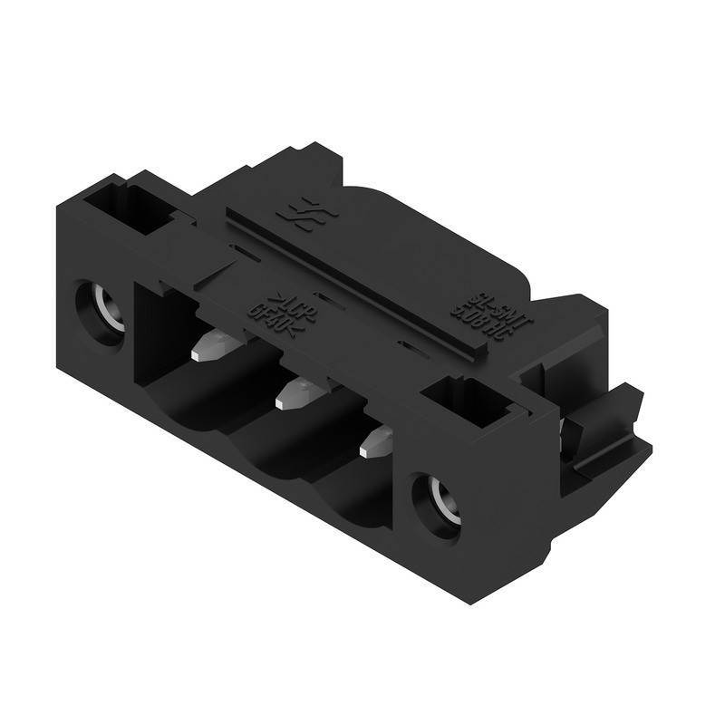 Eine schwarze elektrische Komponente mit drei Anschlüssen und Schraubklemmen, die zum Montieren und Sichern von elektrischen Leitungen verwendet wird.