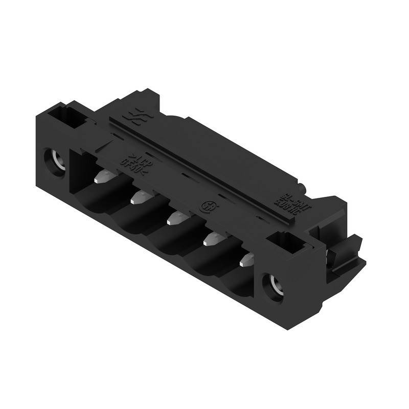 Ein schwarzer elektronischer Anschlussblock mit mehreren Klemmenslots für Kabelverbindungen, der in elektrischen Schaltkreisen und Geräten verwendet wird.