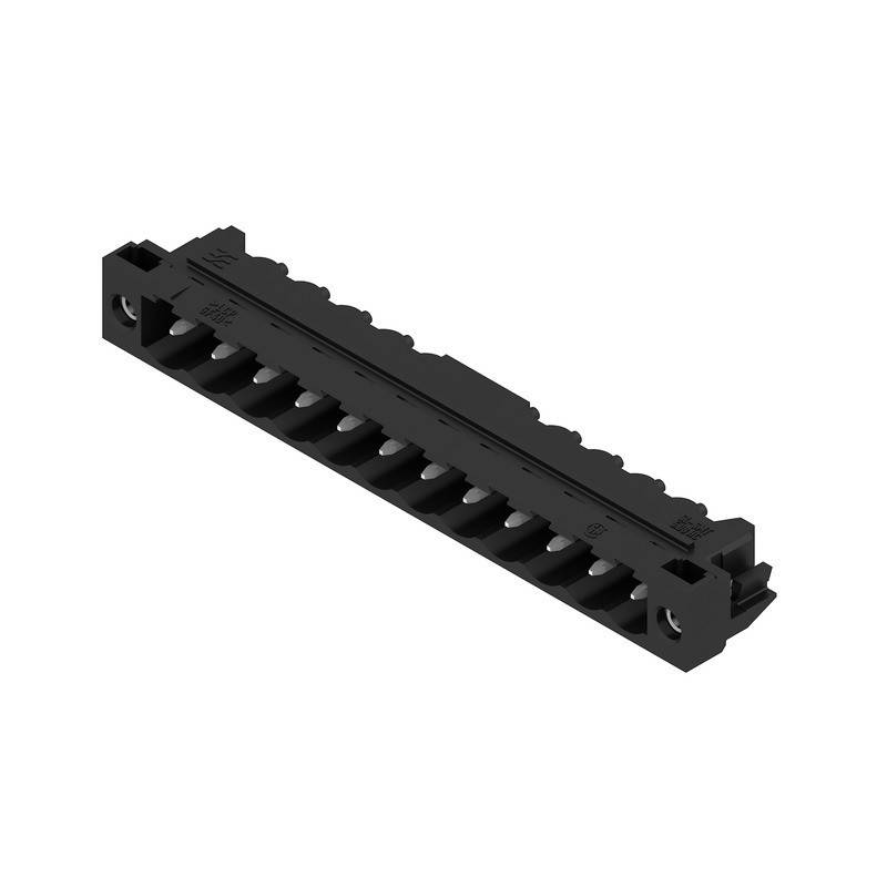 Ein schwarzer 12-poliger Terminalblock-Stecker, konzipiert für die Montage auf einer Leiterplatte, mit zwei Befestigungslöchern an jedem Ende.
