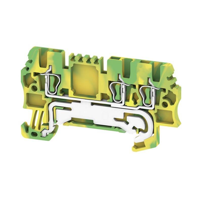 Ein grüner und gelber Anschlussblock mit Metallverbindern und Montagenuten, verwendet für elektrische Kabelverbindungen.
