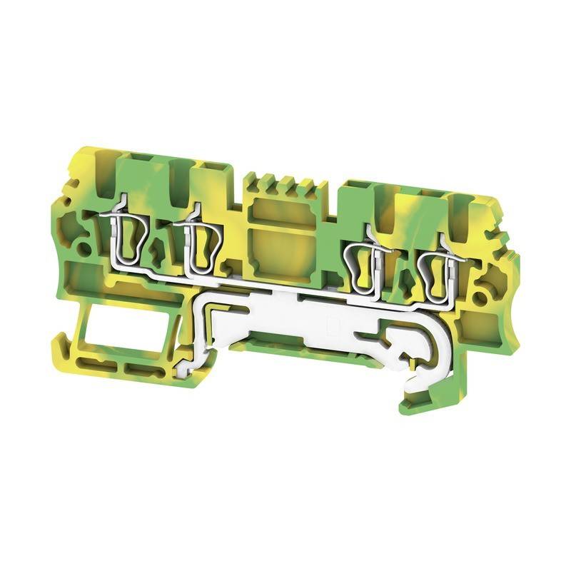 Ein grüner und gelber Klemmenblock mit sichtbaren Verbindungen und interner Struktur, der zum sicheren Verbinden elektrischer Schaltkreise verwendet wird.