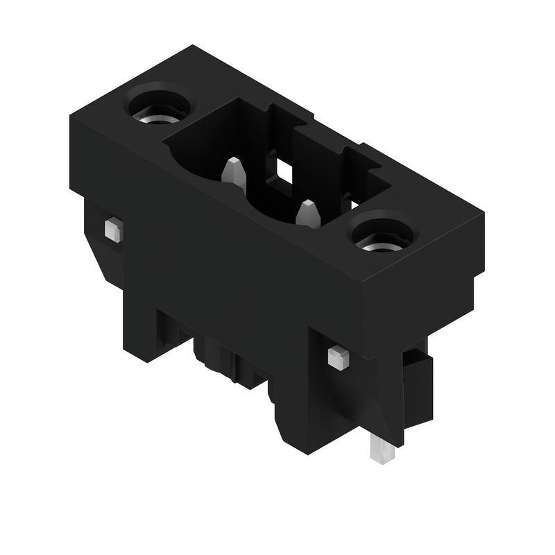 Eine kleine schwarze rechteckige elektronische Komponente mit zwei Schraublöchern oben und Metallkontakten unten, die zum Aufbau auf Schaltkreisen verwendet wird.