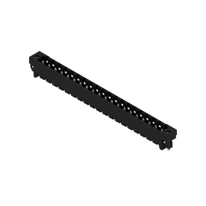 Ein schwarzer rechteckiger Steckverbinder mit mehreren Pins, diagonal betrachtet, der für elektronische Geräte oder Leiterplatten verwendet wird.