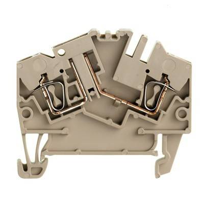 Ein beige Schaltkreisverbinder mit Schlitzen, sichtbaren Metallkomponenten und einem Haken an der Unterseite, der für Verkabelung und elektrische Verbindungen verwendet wird.